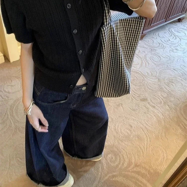 Jean ample bleu profond à jambes larges pour femmes, pantalon Baggy taille haute pour filles, pantalon en Denim droit décontracté y2k-outfit