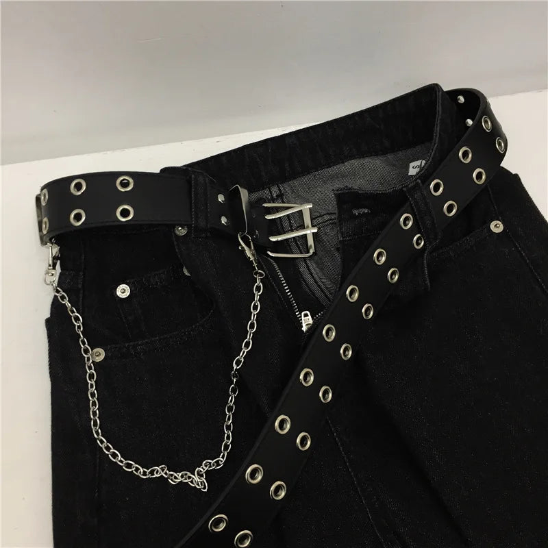 Ceinture femme tendance Double anneau ceinture Double trou oeillet œillet boucle en cuir Punk broche ceinture loisirs robe jean ceinture gothique y2k-outfit