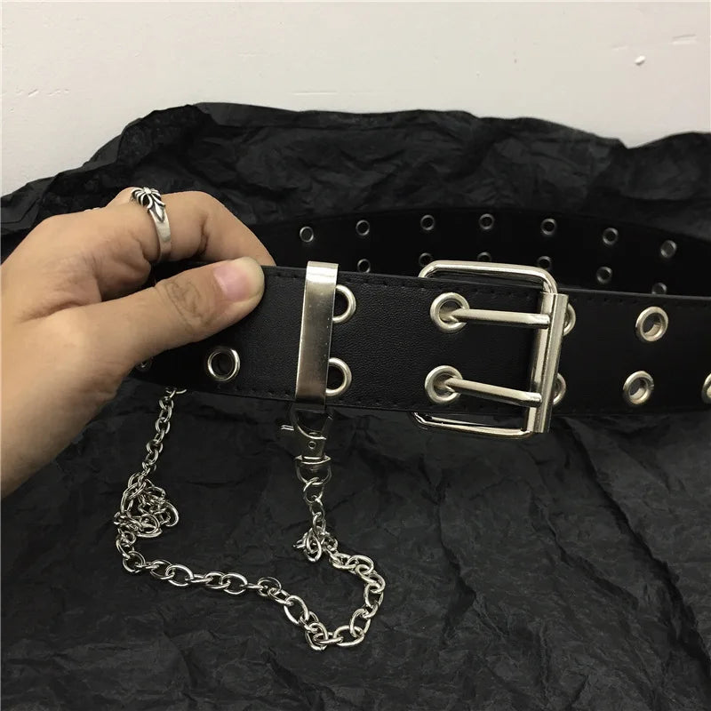 Ceinture femme tendance Double anneau ceinture Double trou oeillet œillet boucle en cuir Punk broche ceinture loisirs robe jean ceinture gothique y2k-outfit