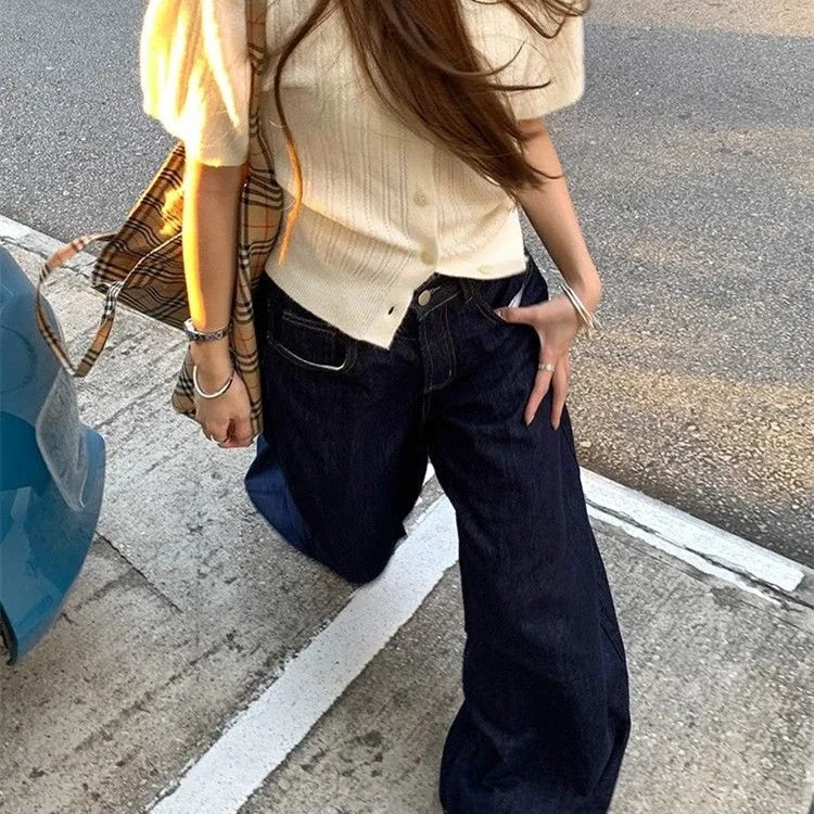 Jean ample bleu profond à jambes larges pour femmes, pantalon Baggy taille haute pour filles, pantalon en Denim droit décontracté y2k-outfit