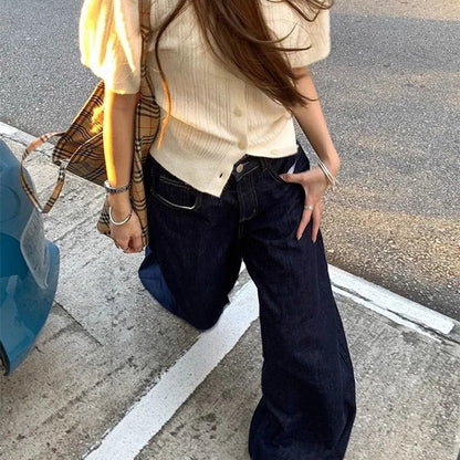 Jean ample bleu profond à jambes larges pour femmes, pantalon Baggy taille haute pour filles, pantalon en Denim droit décontracté y2k-outfit