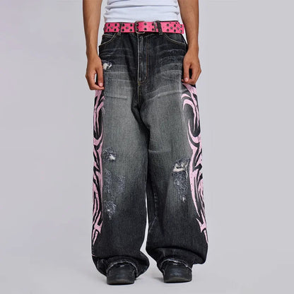 Y2K Baggy Jeans Gothique vintage impression Motif Lavé déchiré jeans Hip Hop Streetwear Harajuku hommes femmes Casual jambes larges jeans y2k-outfit