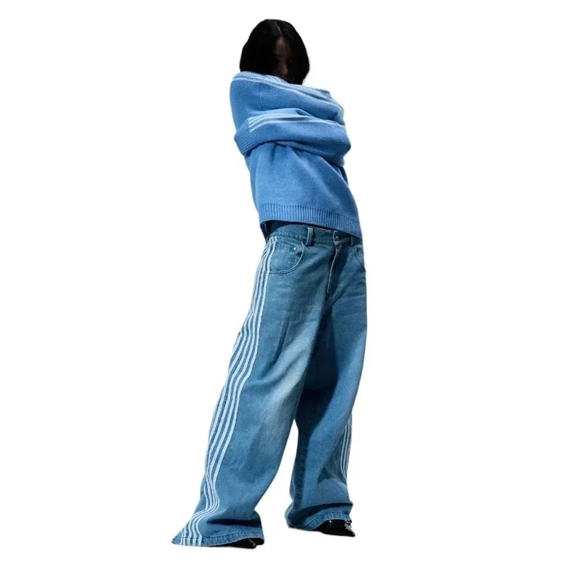 Y2K Baggy Jeans haute qualité brodé rayé Harajuku pantalons de survêtement hommes femmes Hip Hop streetwear décontracté jambe large Denim pantalon y2k-outfit
