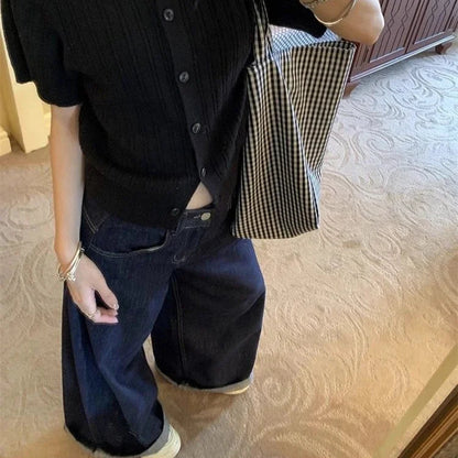 Jean ample bleu profond à jambes larges pour femmes, pantalon Baggy taille haute pour filles, pantalon en Denim droit décontracté y2k-outfit